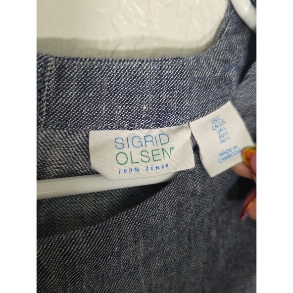 Sigrid Olsen Women Blue 100% Linen Lightweight Cropped Side Slit Tank Top Sz L - Picture 2 of 4